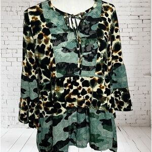 NWT Cupio Camo Animal Print Ruffle Tunic Shirt Stretch, size M
